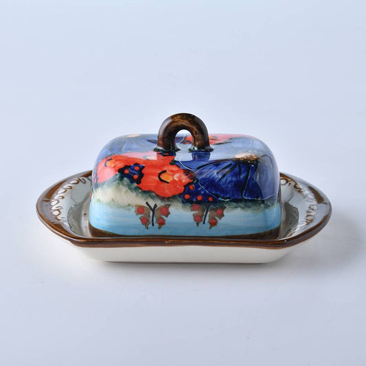 Handmade Polish Pottery Cerraf butter dish 14.5x10.5cm watergarden blooms Boleslawiec Ceramics