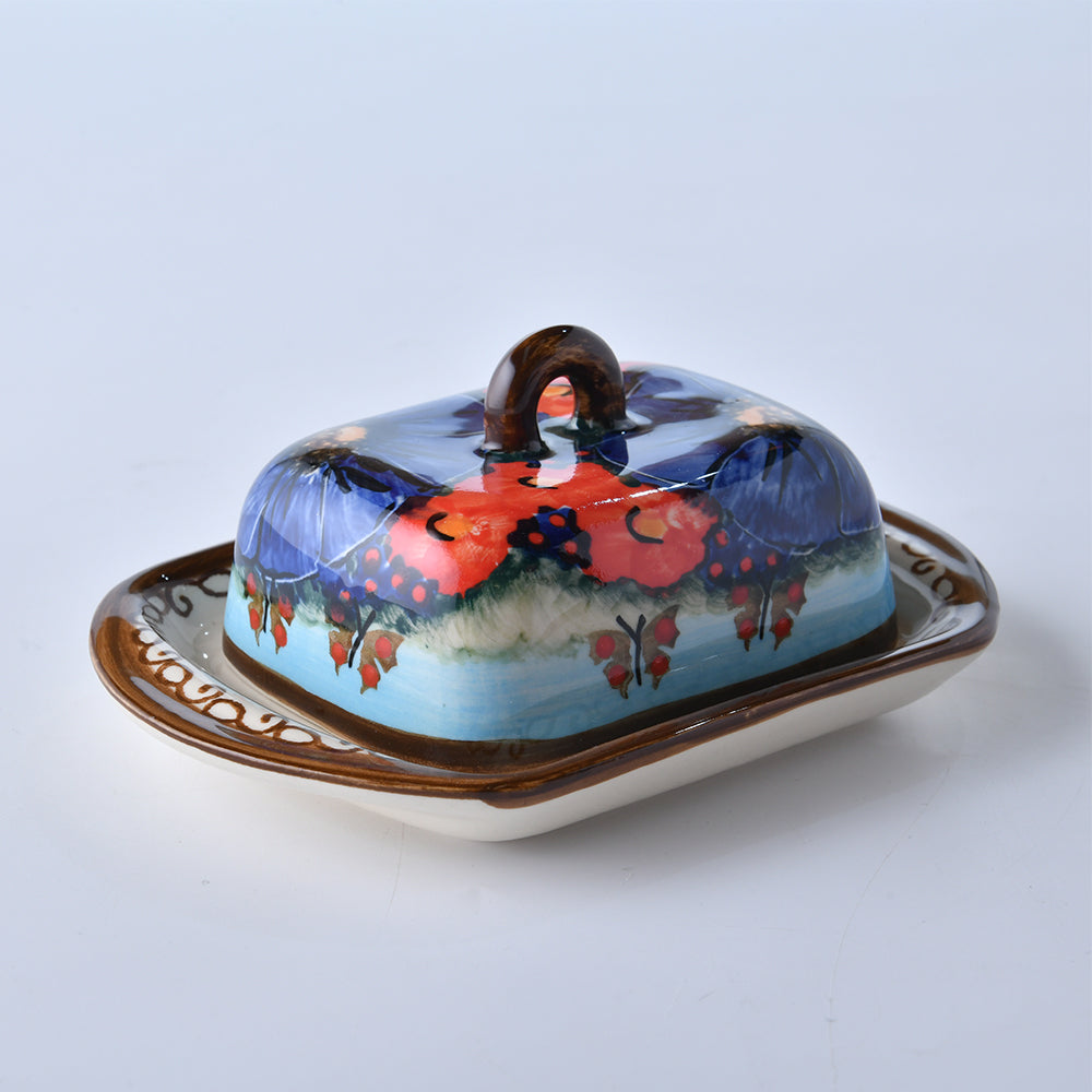 Handmade Polish Pottery Cerraf butter dish 14.5x10.5cm watergarden blooms Boleslawiec Ceramics
