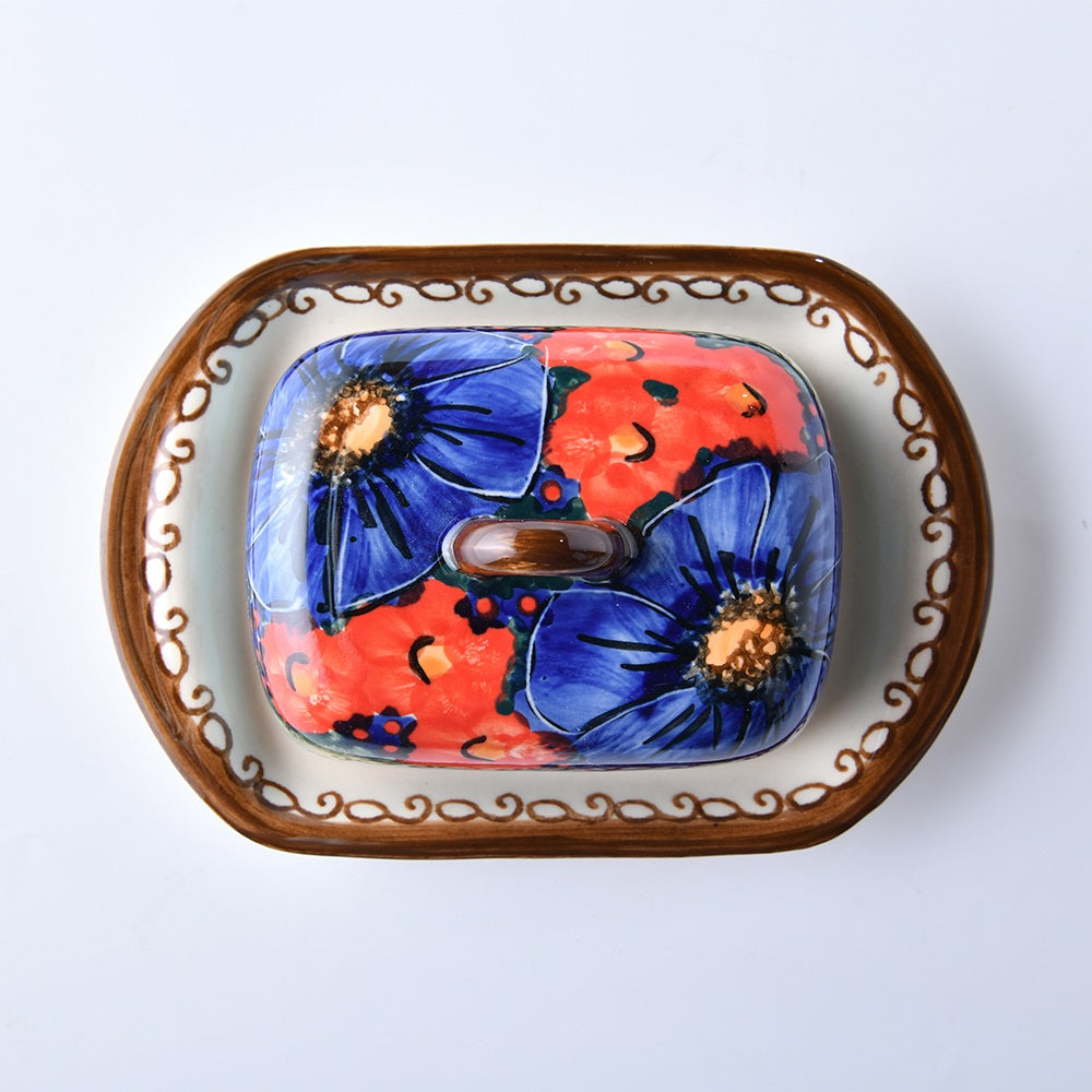 Handmade Polish Pottery Cerraf butter dish 14.5x10.5cm watergarden blooms Boleslawiec Ceramics