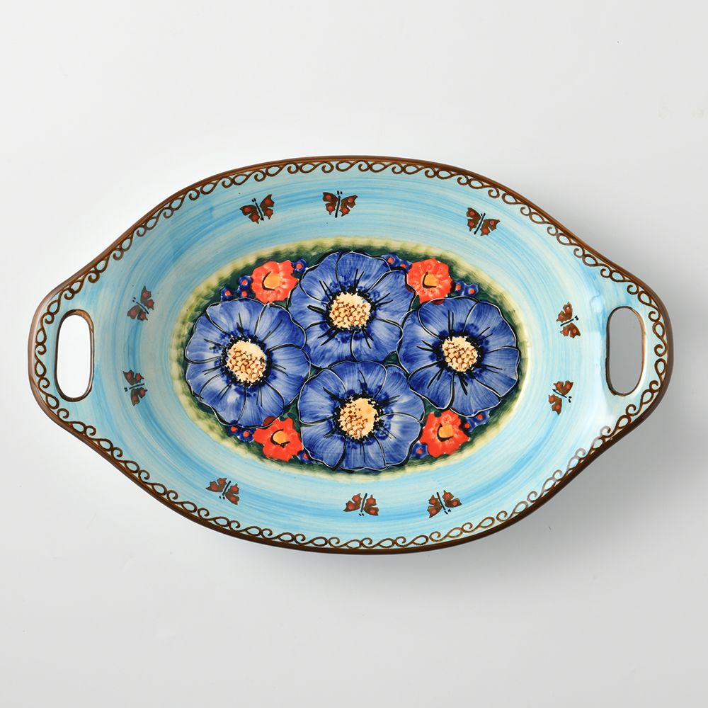 Handmade Polish Pottery Cerraf long deep serving plate with handles 31.5cm watergarden blooms Boleslawiec Ceramics