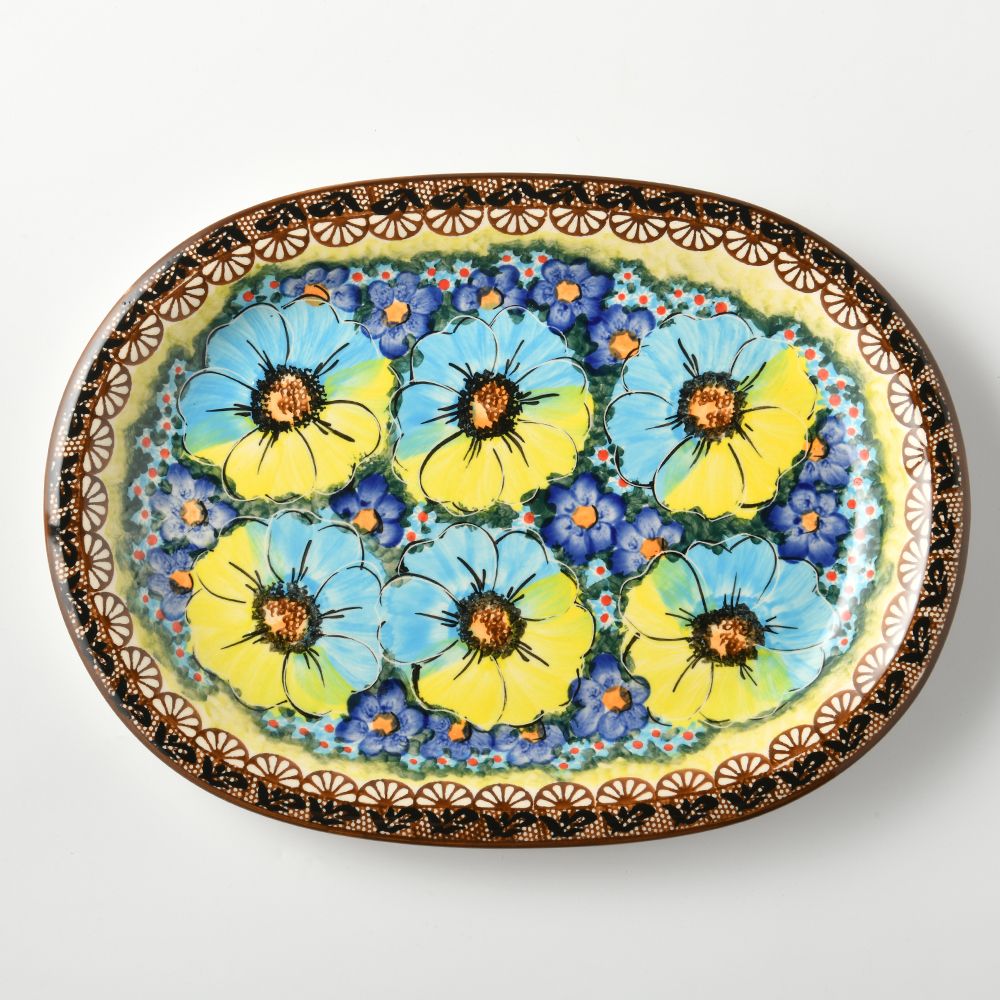 Handmade Polish Pottery Cerraf oval serving plate 29cm aurora glacier Boleslawiec Ceramics