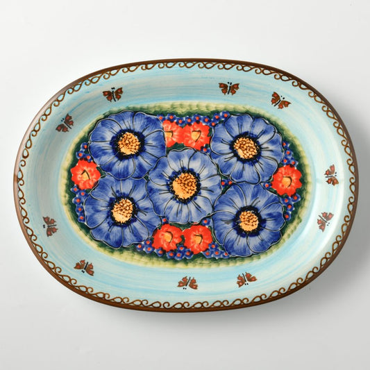 Handmade Polish Pottery Cerraf oval serving plate 29cm watergarden blooms Boleslawiec Ceramics