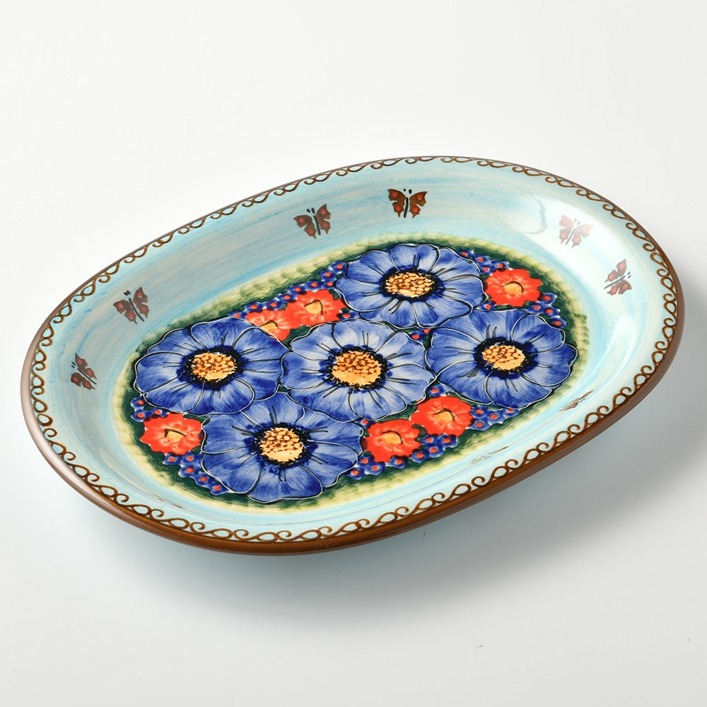 Handmade Polish Pottery Cerraf oval serving plate 29cm watergarden blooms Boleslawiec Ceramics