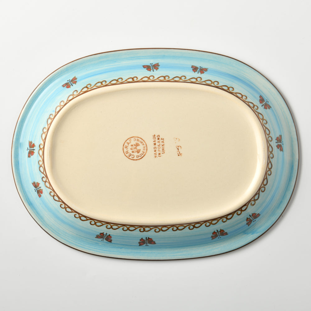 Handmade Polish Pottery Cerraf oval serving plate 29cm watergarden blooms Boleslawiec Ceramics