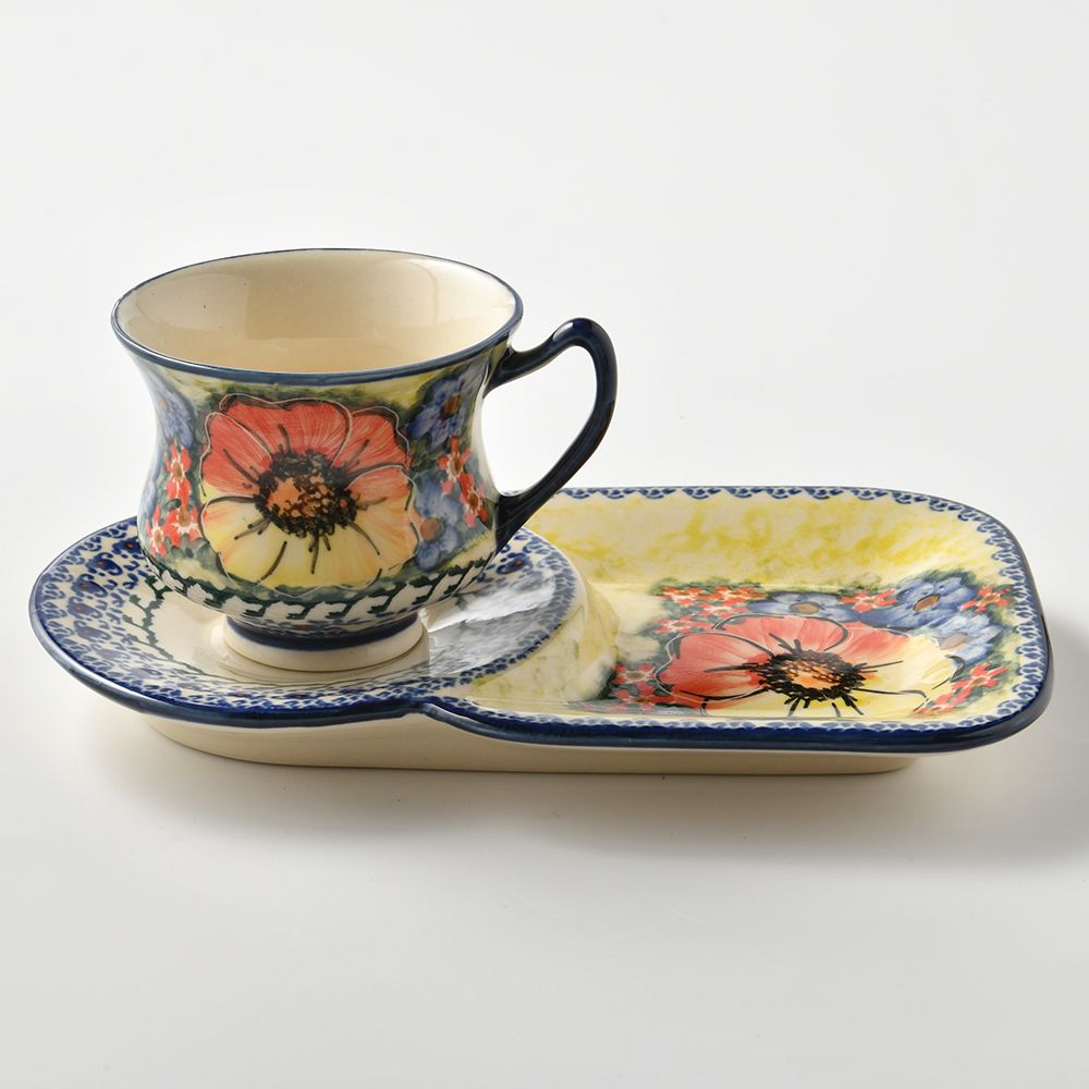 Handmade Polish Pottery Cerraf cup and dessert plate set 200ml classic garden Boleslawiec Ceramics