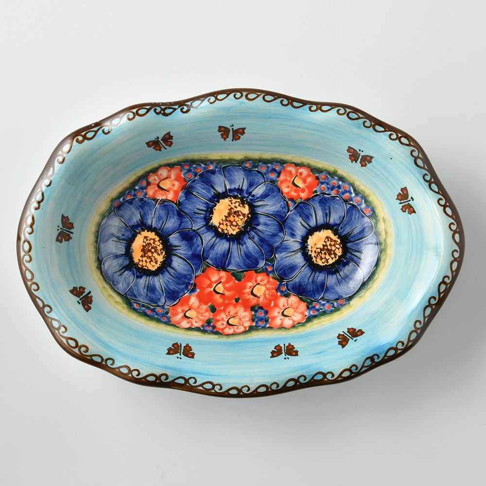 Handmade Polish Pottery Cerraf irregular oval deep serving plate 26x18cm watergarden blooms Boleslawiec Ceramics