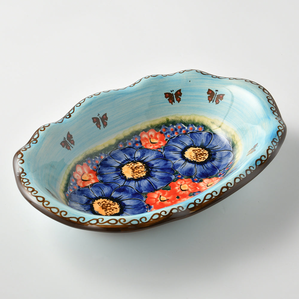 Handmade Polish Pottery Cerraf irregular oval deep serving plate 26x18cm watergarden blooms Boleslawiec Ceramics