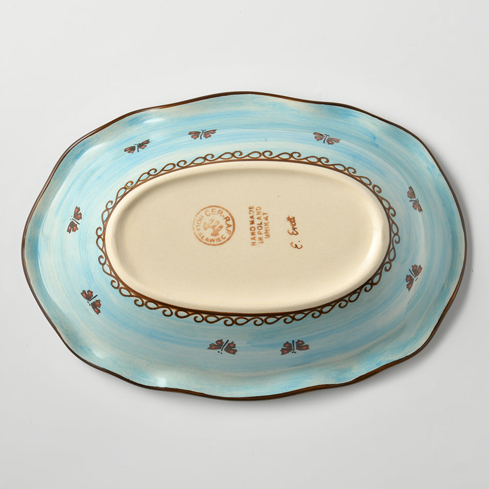 Handmade Polish Pottery Cerraf irregular oval deep serving plate 26x18cm watergarden blooms Boleslawiec Ceramics