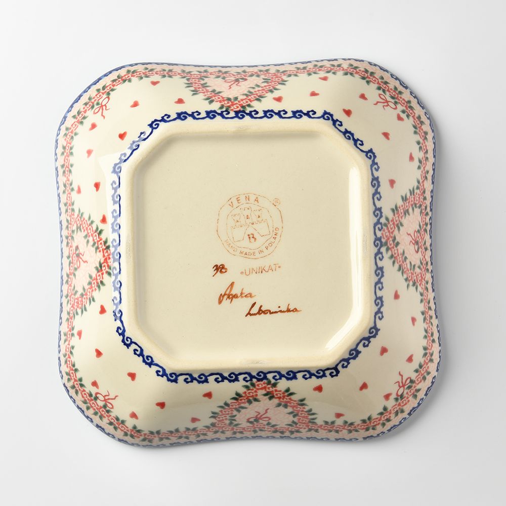 Handmade Polish Pottery Vena square deep plate 20cm sweet heart Boleslawiec Ceramics