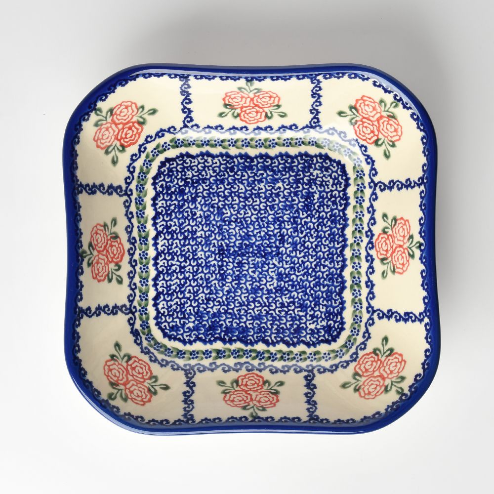 Handmade Polish Pottery Vena square deep plate 20cm rose garden Boleslawiec Ceramics