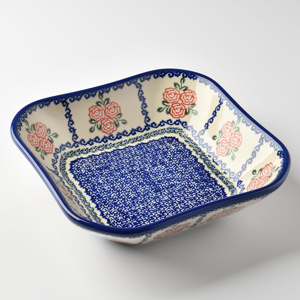 Handmade Polish Pottery Vena square deep plate 20cm rose garden Boleslawiec Ceramics