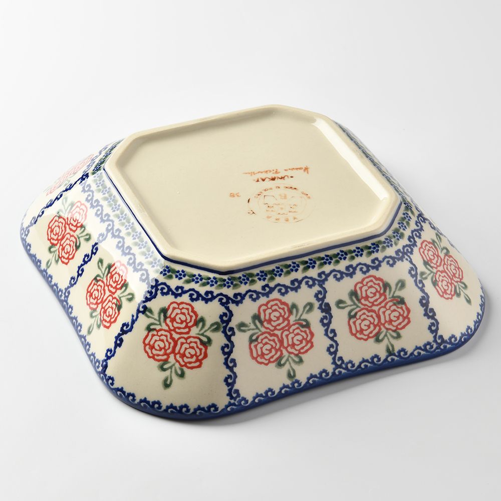 Handmade Polish Pottery Vena square deep plate 20cm rose garden Boleslawiec Ceramics