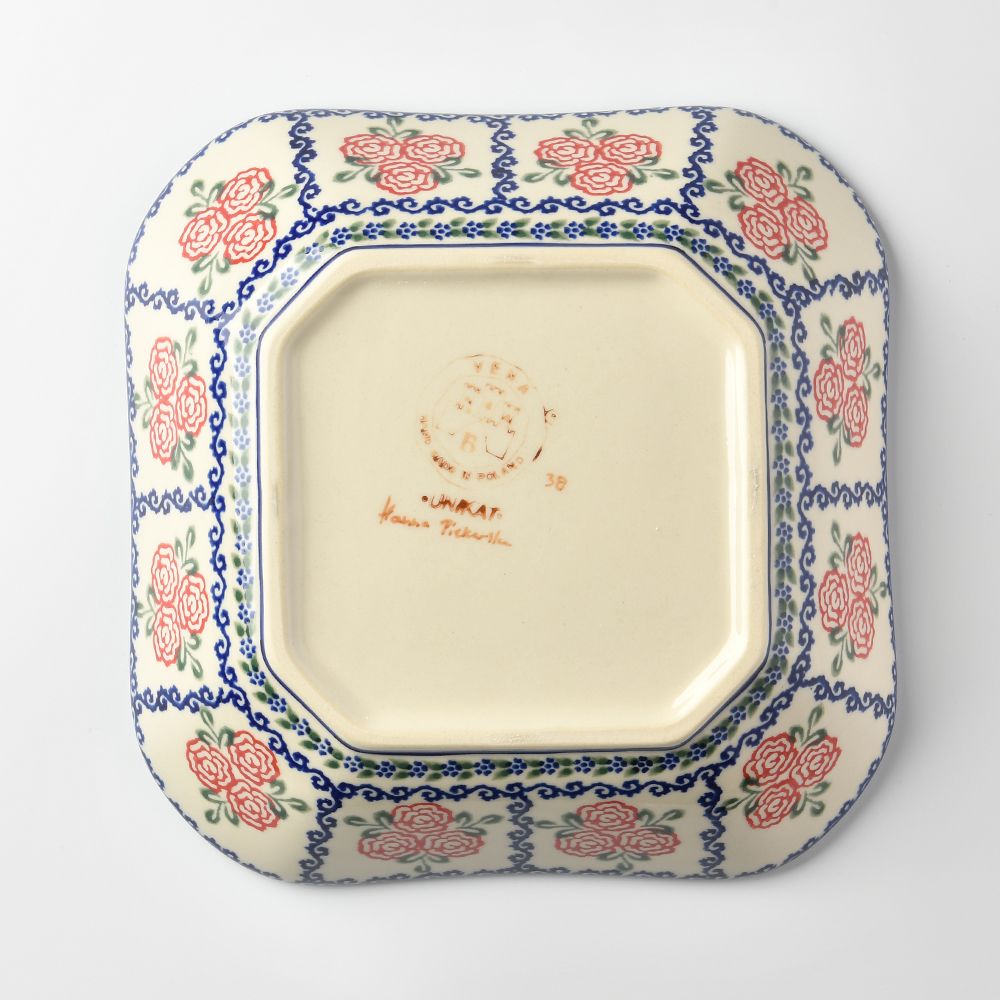 Handmade Polish Pottery Vena square deep plate 20cm rose garden Boleslawiec Ceramics