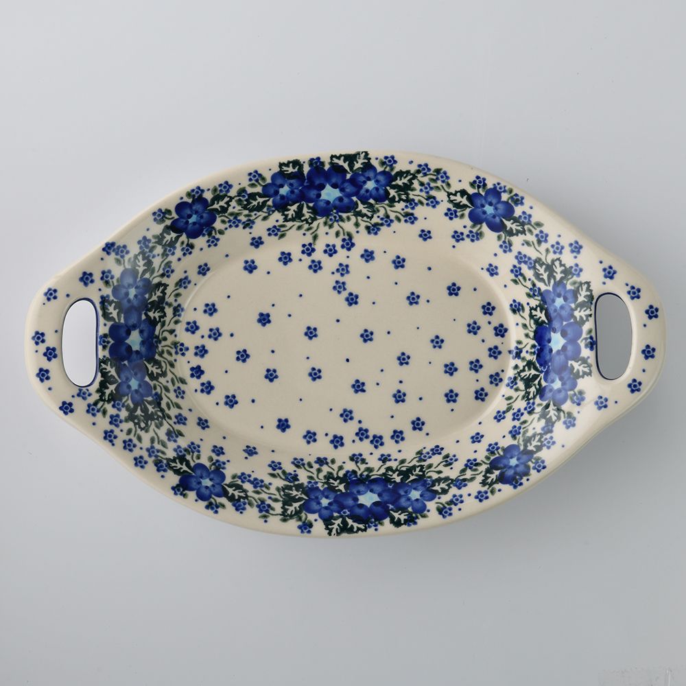Handmade Polish Pottery Vena long deep serving platter with handles 32.5cm blue fantasy Boleslawiec Ceramics