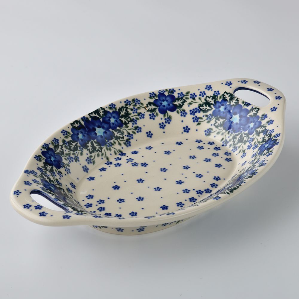 Handmade Polish Pottery Vena long deep serving platter with handles 32.5cm blue fantasy Boleslawiec Ceramics