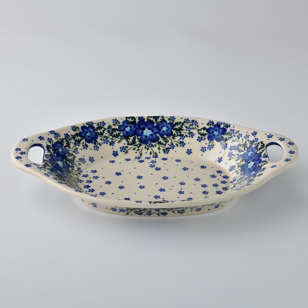 Handmade Polish Pottery Vena long deep serving platter with handles 32.5cm blue fantasy Boleslawiec Ceramics