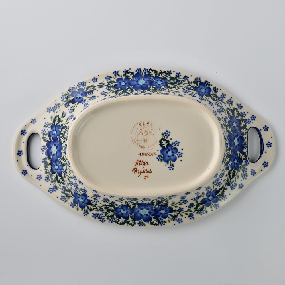 Handmade Polish Pottery Vena long deep serving platter with handles 32.5cm blue fantasy Boleslawiec Ceramics