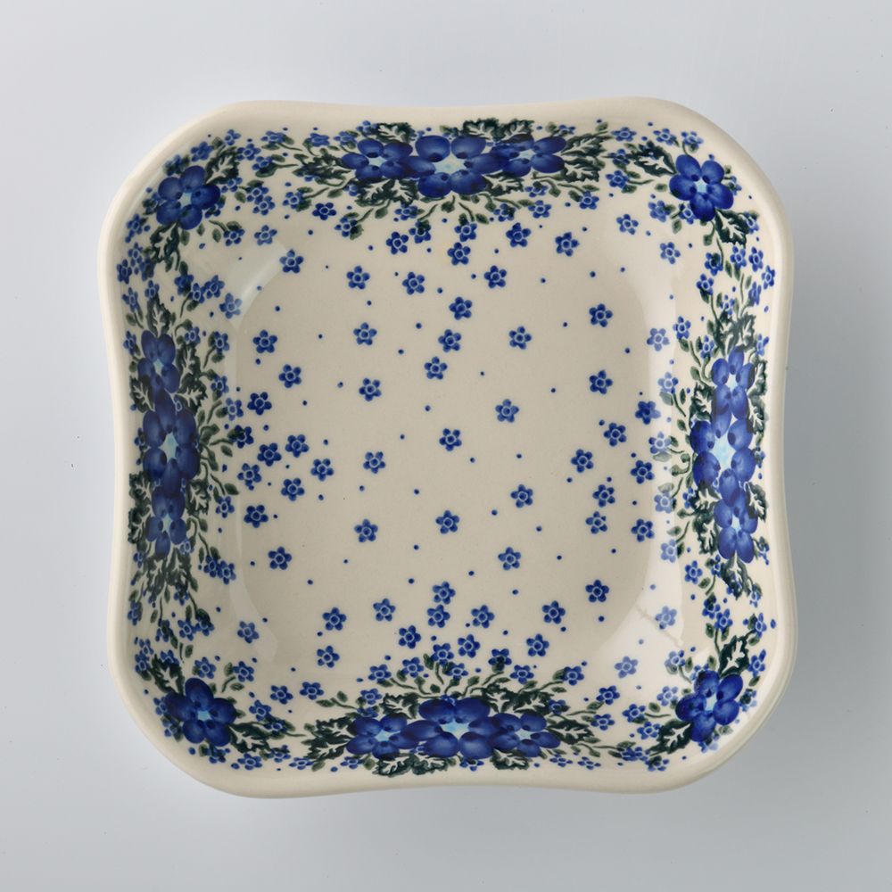 Handmade Polish Pottery Vena square deep plate 20cm blue fantasy Boleslawiec Ceramics