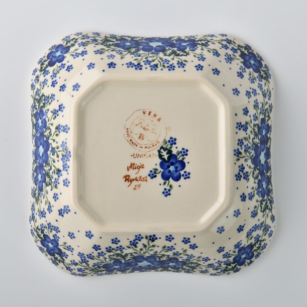 Handmade Polish Pottery Vena square deep plate 20cm blue fantasy Boleslawiec Ceramics