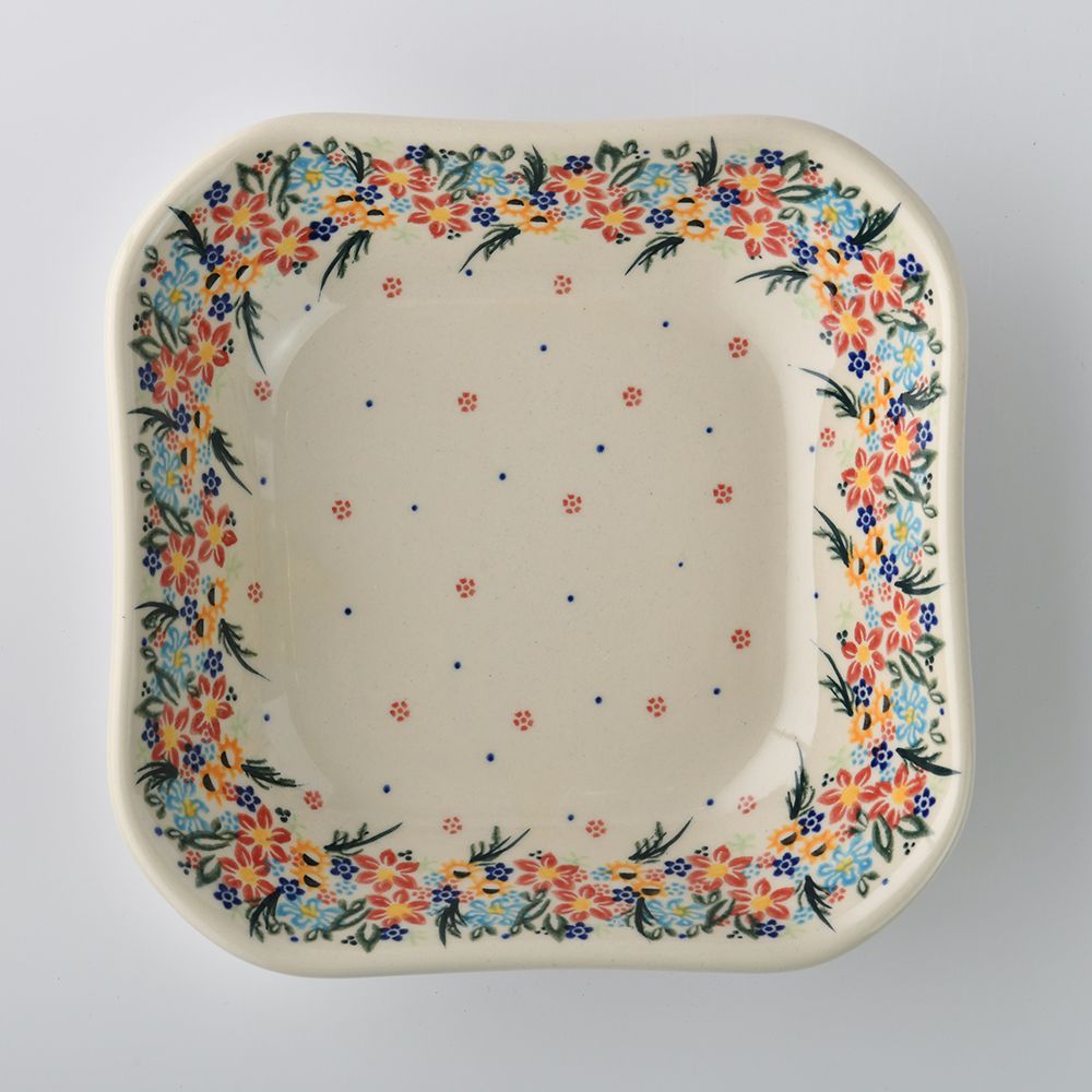 Handmade Polish Pottery Vena square deep plate 20cm floral dream Boleslawiec Ceramics