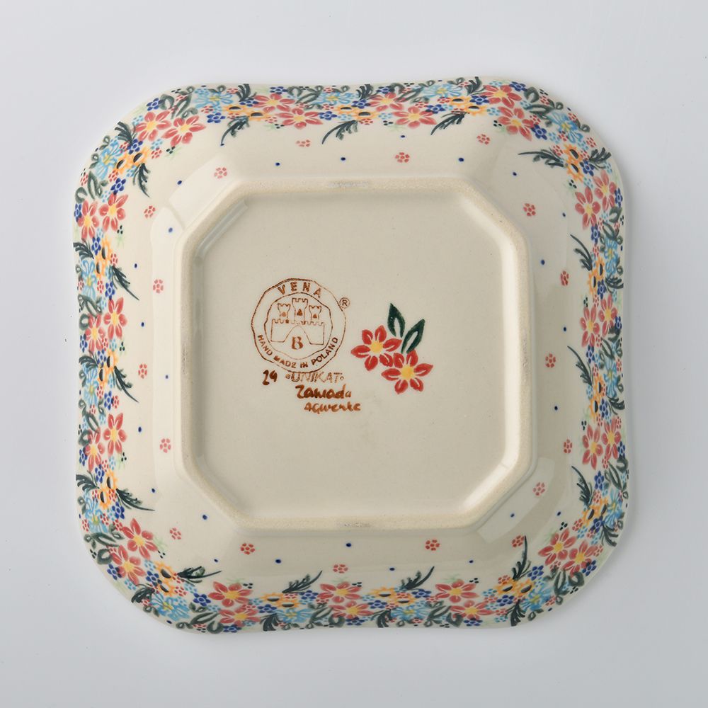 Handmade Polish Pottery Vena square deep plate 20cm floral dream Boleslawiec Ceramics