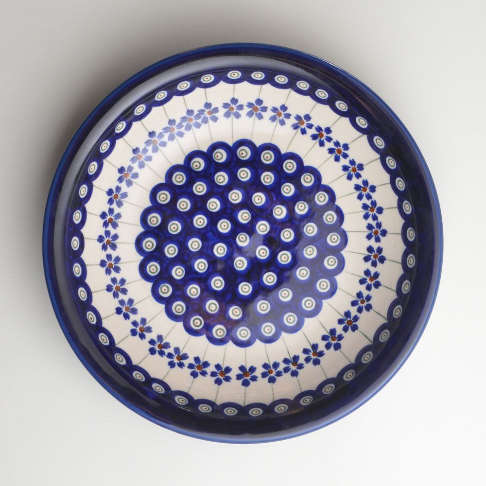 Handmade Polish Pottery Zaklady round deep plate 23cm blue peacock Boleslawiec Ceramics
