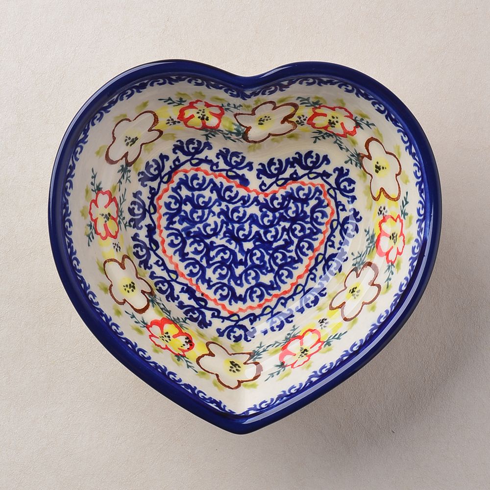 Handmade Polish Pottery Zaklady heart shaped bowl,snack bowl,16cm desert blossom Boleslawiec Ceramics