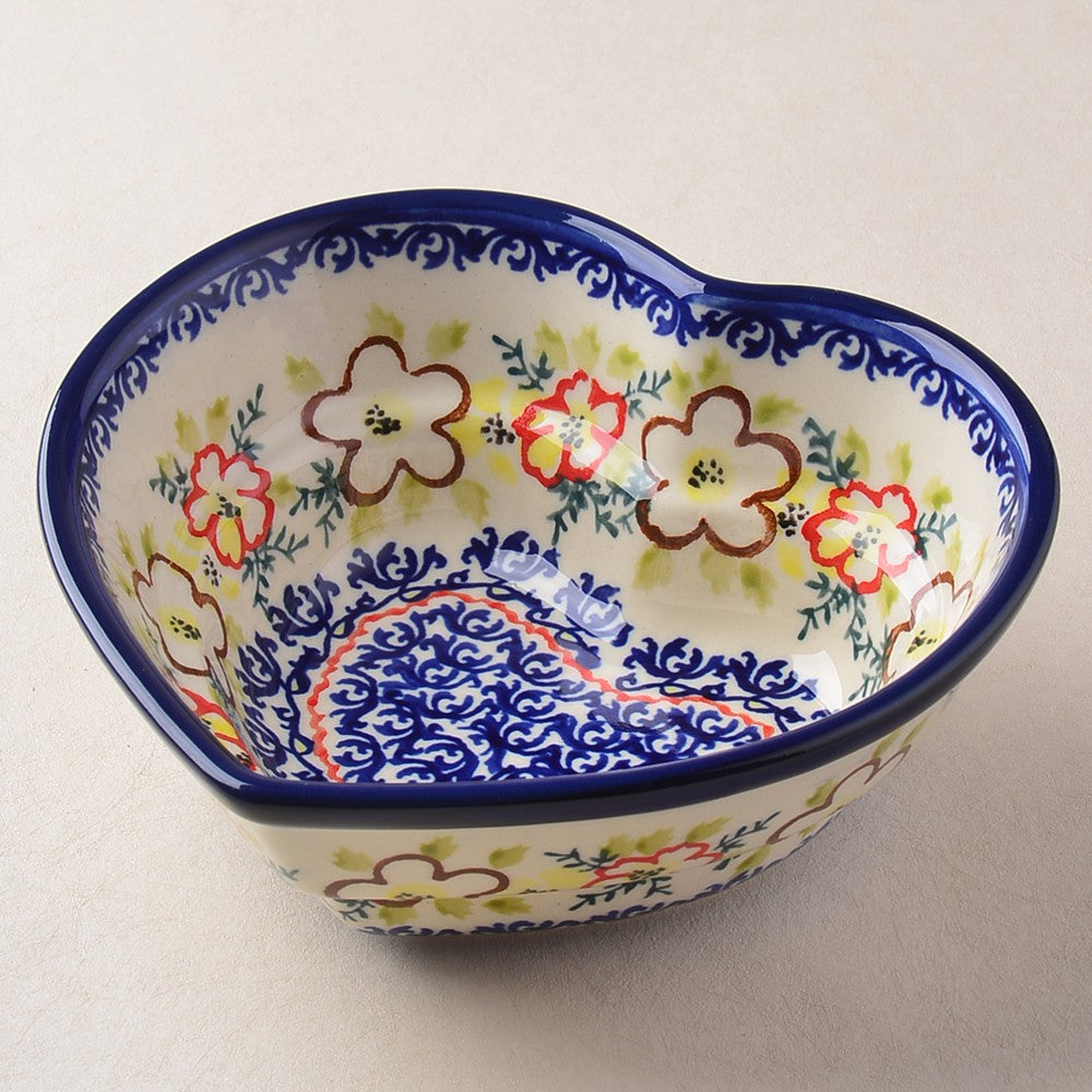 Handmade Polish Pottery Zaklady heart shaped bowl,snack bowl,16cm desert blossom Boleslawiec Ceramics