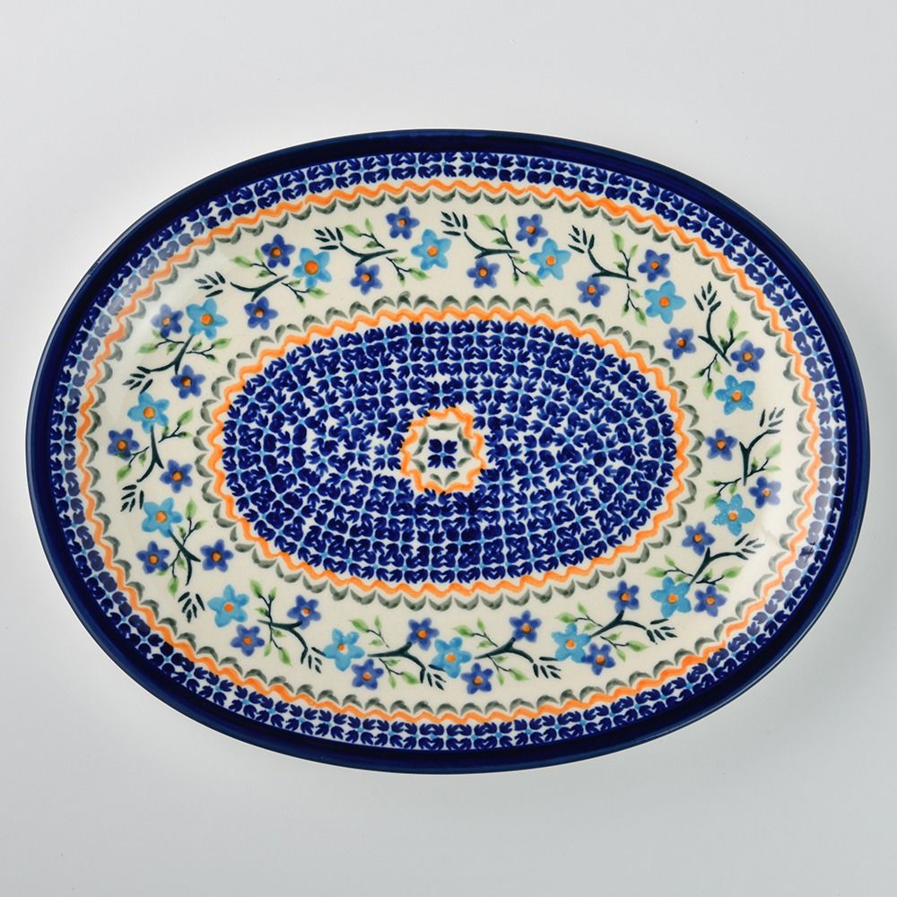Handmade Polish Pottery Zaklady oval serving plate 29cm blue botanicals Boleslawiec Ceramics