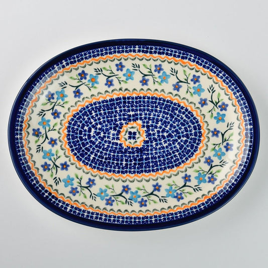 Handmade Polish Pottery Zaklady oval serving plate 29cm blue botanicals Boleslawiec Ceramics
