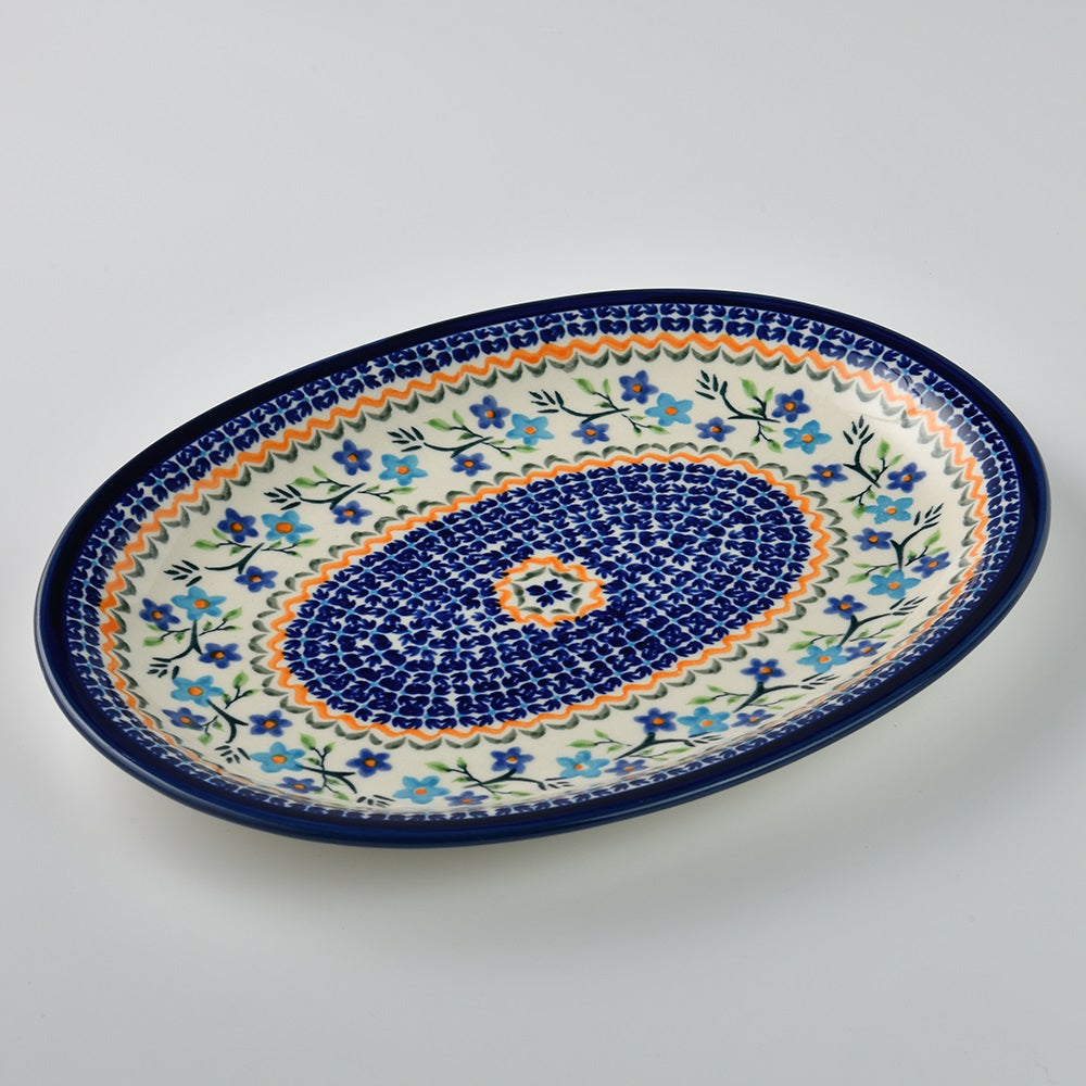 Handmade Polish Pottery Zaklady oval serving plate 29cm blue botanicals Boleslawiec Ceramics