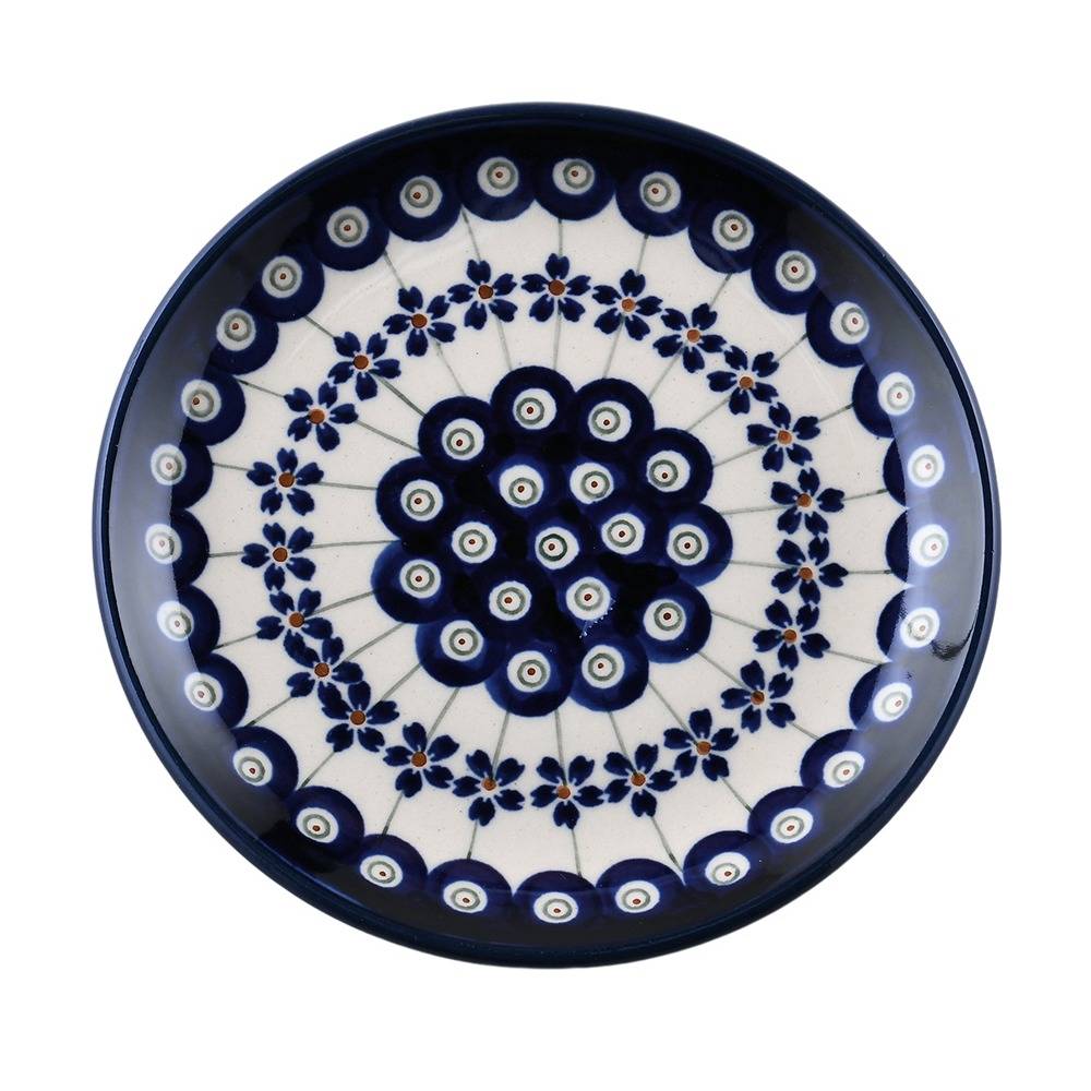 Handmade Polish Pottery Zaklady round serving plate 16cm blue peacock Boleslawiec Ceramics