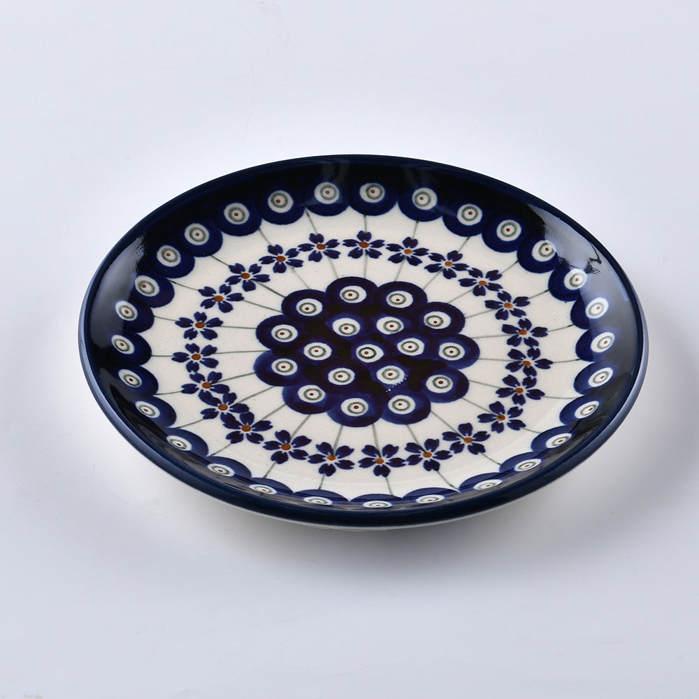 Handmade Polish Pottery Zaklady round serving plate 16cm blue peacock Boleslawiec Ceramics