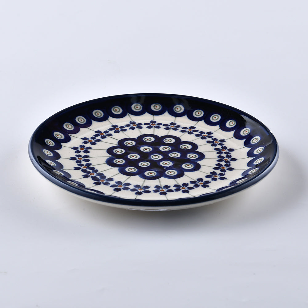 Handmade Polish Pottery Zaklady round serving plate 16cm blue peacock Boleslawiec Ceramics