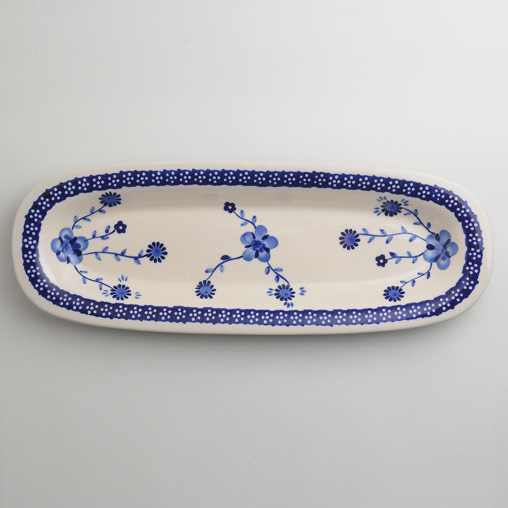 Handmade Polish Pottery Zaklady rectangular plate 37x13cm azure bloom Boleslawiec Ceramics