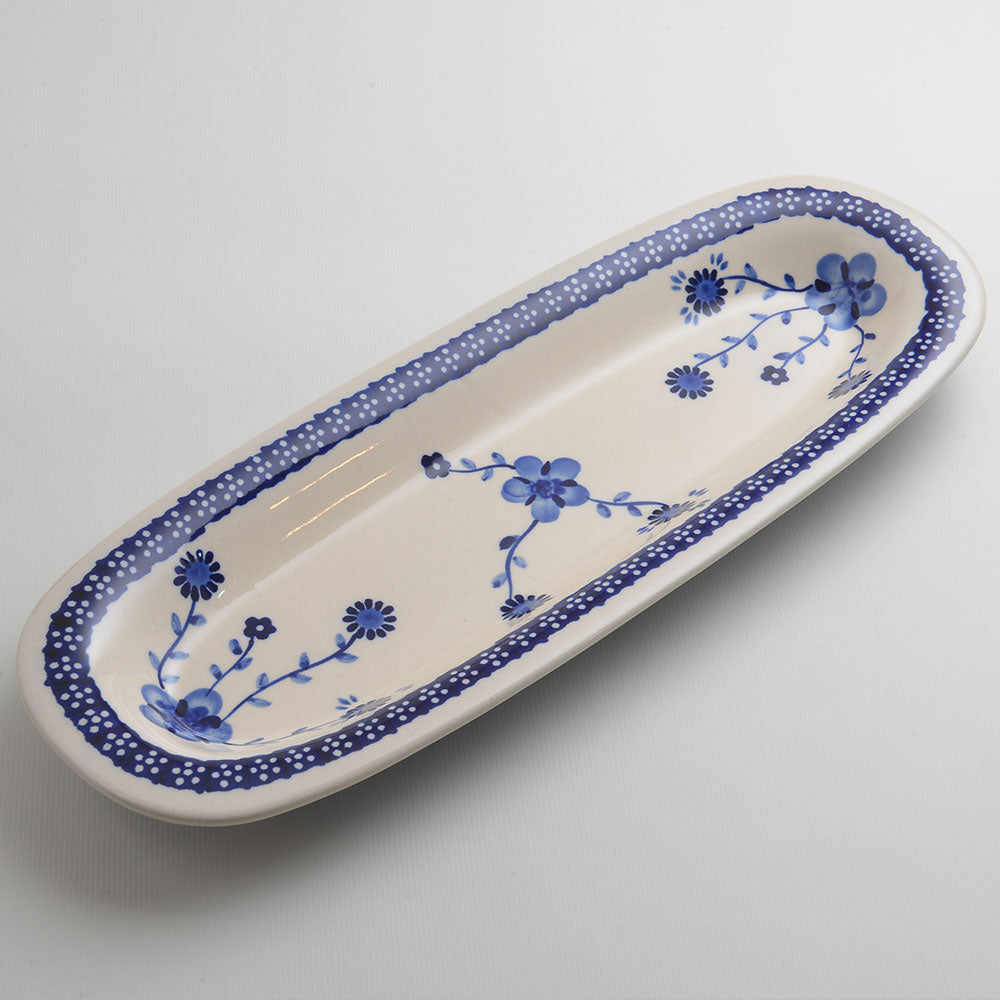 Handmade Polish Pottery Zaklady rectangular plate 37x13cm azure bloom Boleslawiec Ceramics