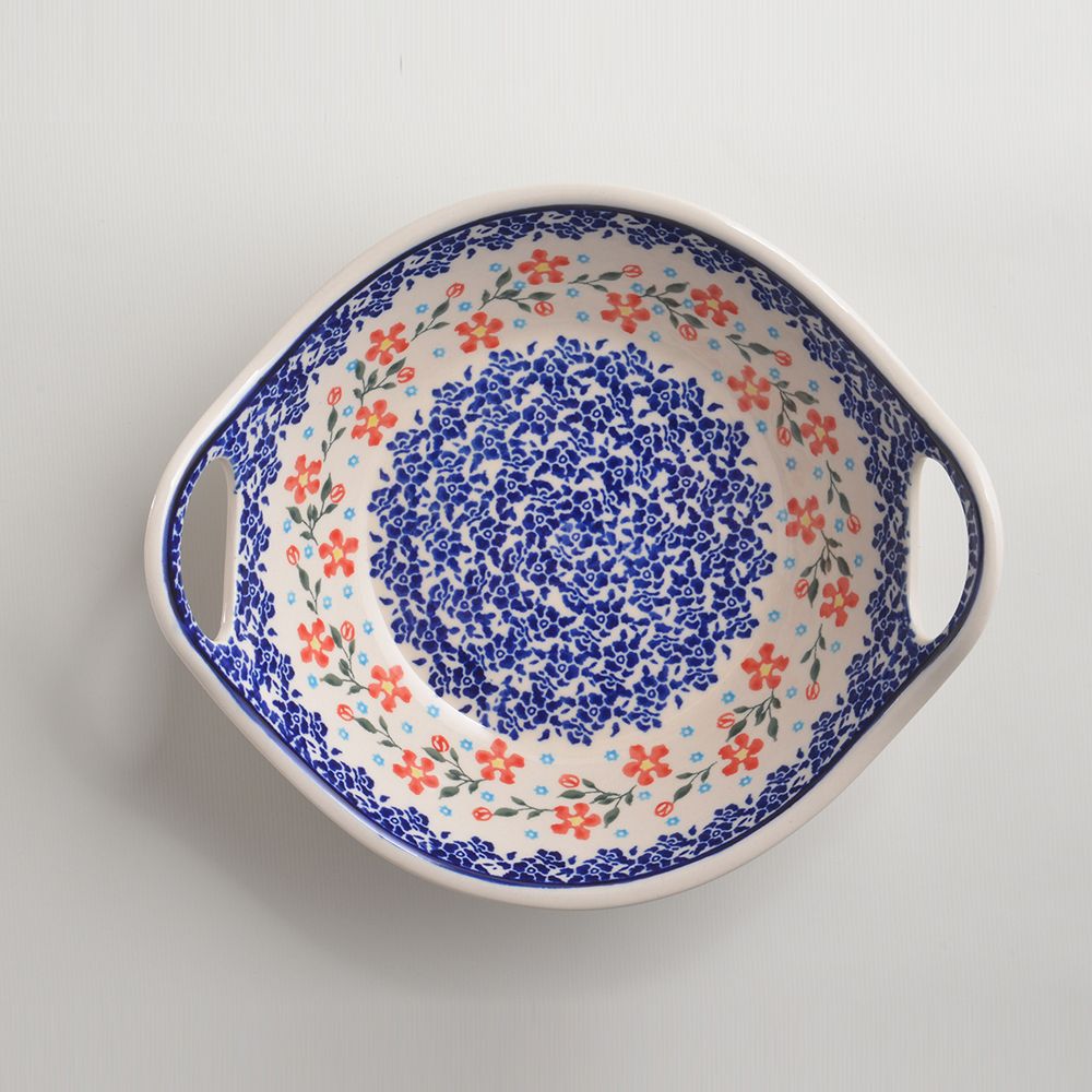 Handmade Polish Pottery Zaklady round deep plate with handles 22cm sweet garden Boleslawiec Ceramics