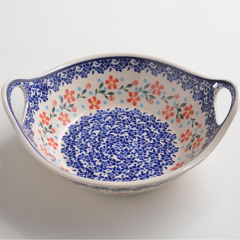 Handmade Polish Pottery Zaklady round deep plate with handles 22cm sweet garden Boleslawiec Ceramics