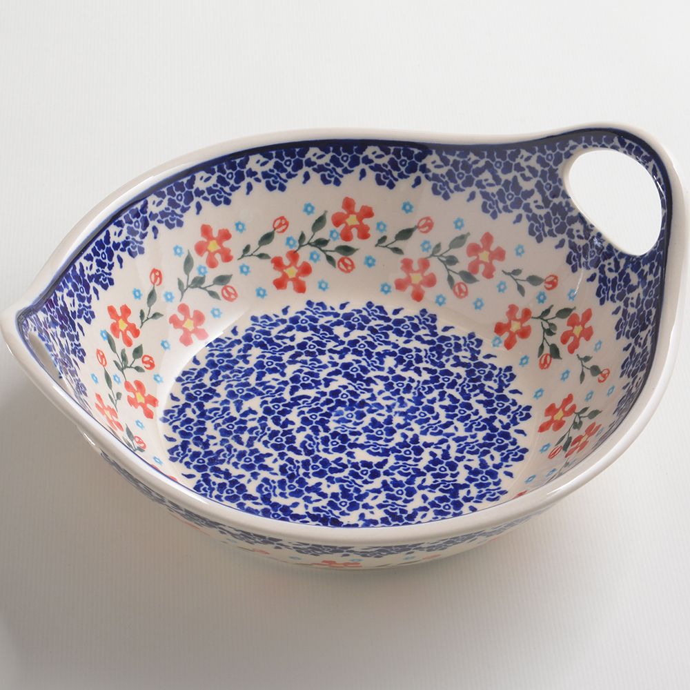 Handmade Polish Pottery Zaklady round deep plate with handles 22cm sweet garden Boleslawiec Ceramics
