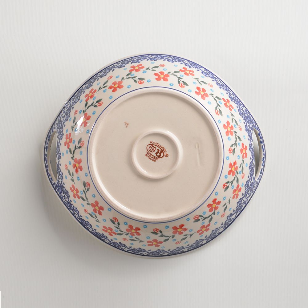 Handmade Polish Pottery Zaklady round deep plate with handles 22cm sweet garden Boleslawiec Ceramics