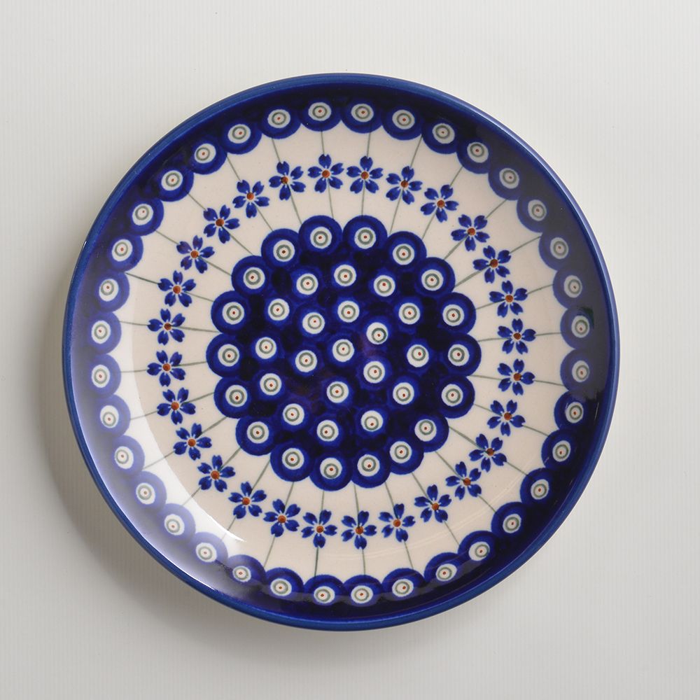 Handmade Polish Pottery Zaklady round serving plate 19cm blue peacock Boleslawiec Ceramics