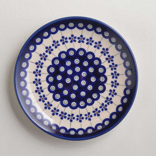 Handmade Polish Pottery Zaklady round plate 19cm blue peacock Boleslawiec Ceramics