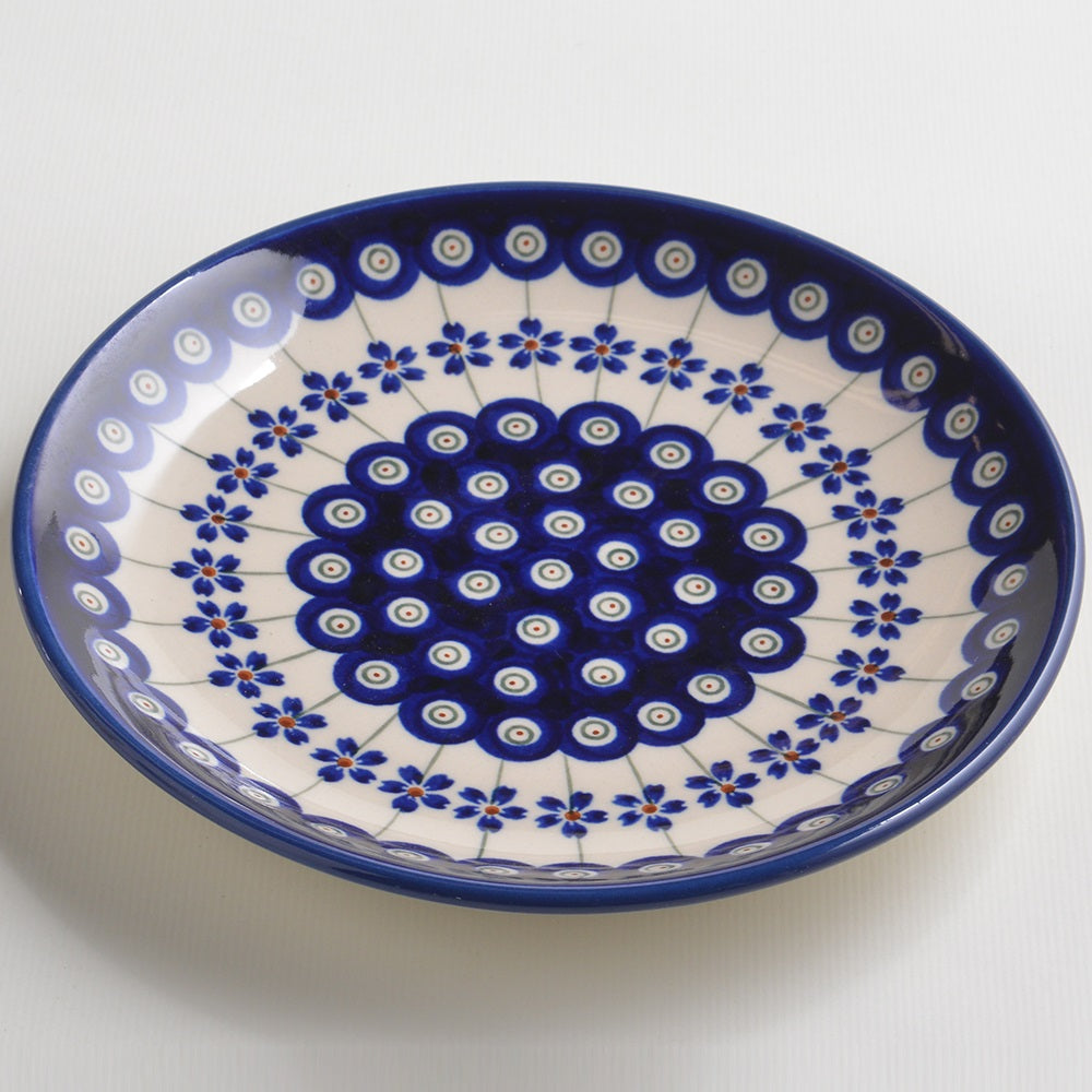 Handmade Polish Pottery Zaklady round serving plate 19cm blue peacock Boleslawiec Ceramics